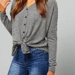 Gray Striped Hacci Boxy Tie Front Cardigan